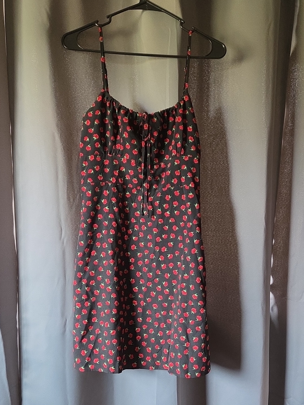 Black Spaghetti Strap Mini Dress with Red Floral Print